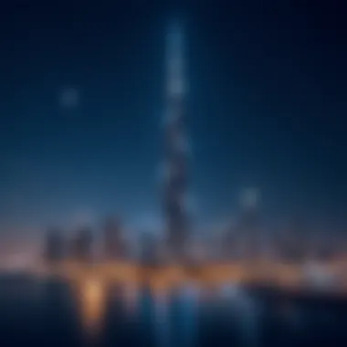 Night view of Al Meraikhi Tower illuminated against the Dubai skyline