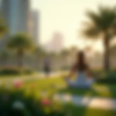 Visitors engaging in yoga and meditation amidst the serene surroundings of Dubai Land Park.