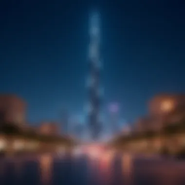 A night view of Al Ameer Tower illuminated, symbolizing Dubai's nightlife