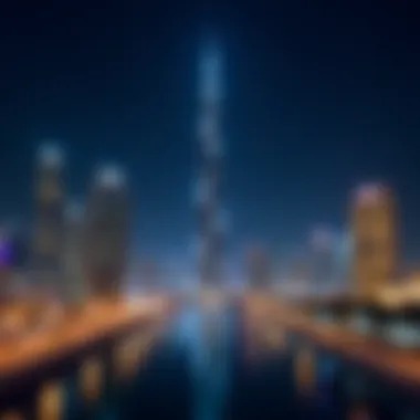 Nighttime illumination of Al Safa Tower against the Dubai skyline