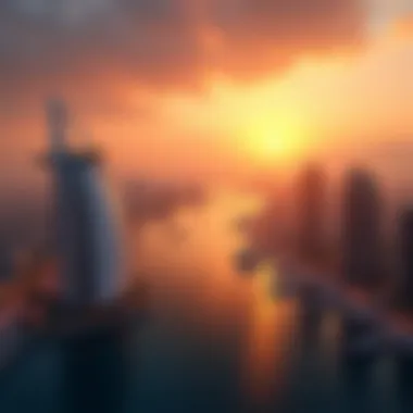 A panoramic sunset view of Dubai Harbour illuminating the surroundings with golden hues.