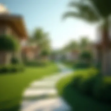 Harmony of Nature and Design in Al Barari Lush greenery contrasted against modern architecture in Al Barari.