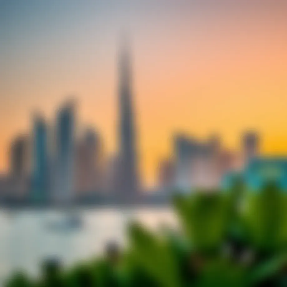 Stunning view of Jumeirah Beach Residence skyline at sunset